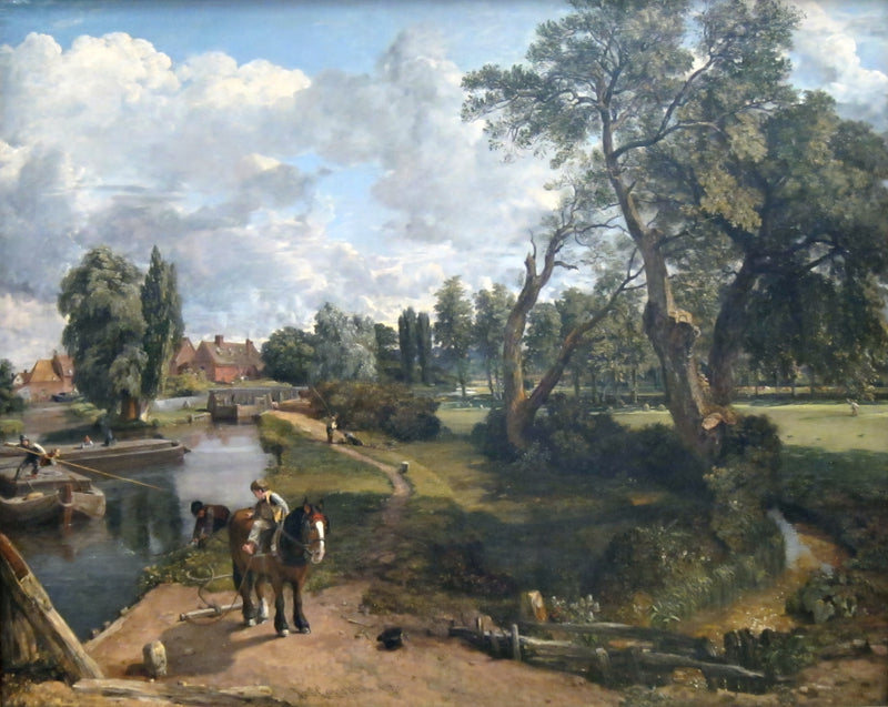 Flatford Mill by Constable: a boy on a horse beside barges on a calm river, tall trees, a mill and fields under clouds