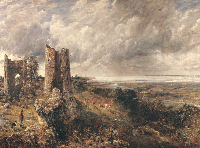Hadleigh Castle by Constable: a ruined round tower on a hill above the wide grey Thames estuary, a stormy sky