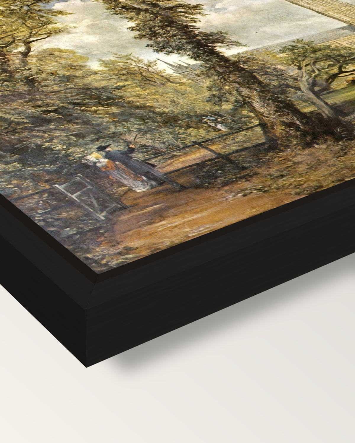 Salisbury Cathedral by Constable framed canvas, corner close-up: a black floating frame with a shadow gap round the canvas