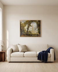 Salisbury Cathedral by John Constable framed in natural oak above a cream sofa in a warm living room