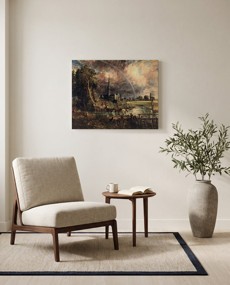 Salisbury from the Meadows by John Constable as a stretched canvas above a linen lounge chair in a reading corner