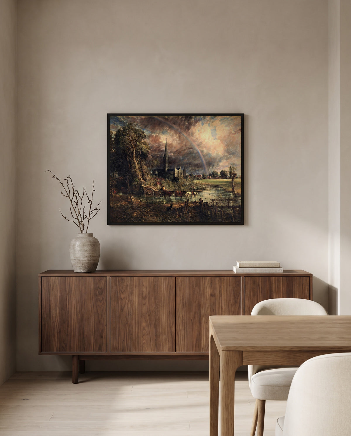 Salisbury from the Meadows by John Constable in a black frame above a walnut sideboard in a dining room