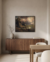 Salisbury from the Meadows by John Constable in a black frame above a walnut sideboard in a dining room