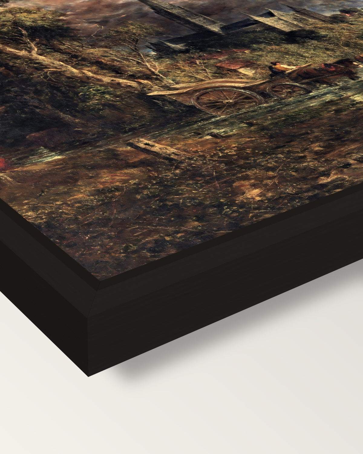 Salisbury from the Meadows framed canvas, corner close-up: a black floating frame with a shadow gap round the canvas