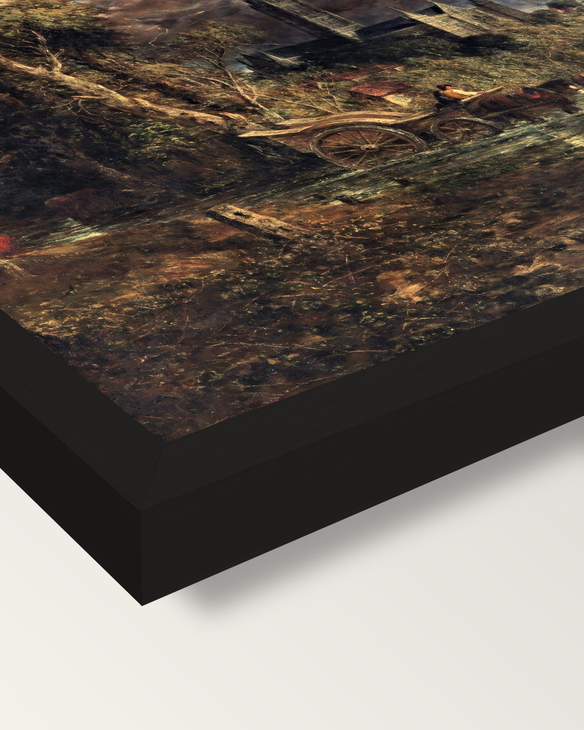 Salisbury from the Meadows framed print, corner close-up: black moulding, mitred, the print set just below its edge