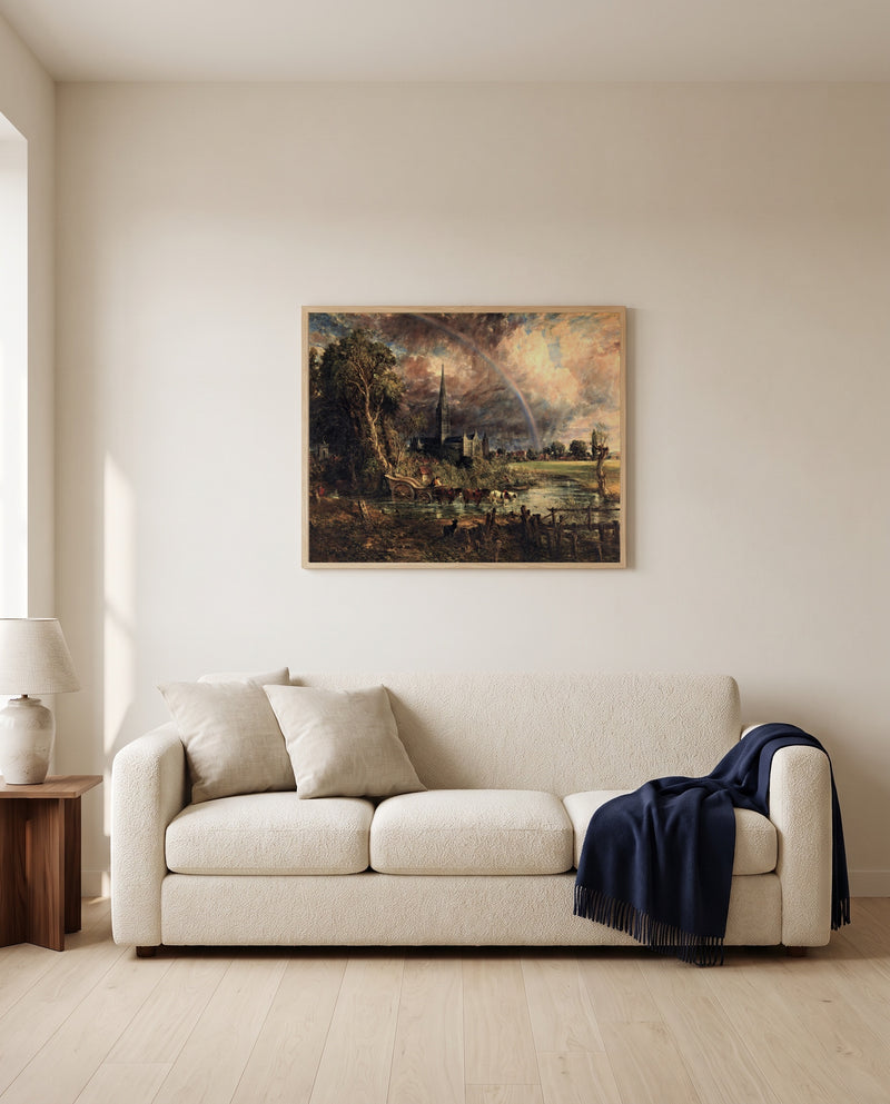 Salisbury from the Meadows by John Constable framed in natural oak above a cream sofa in a warm living room