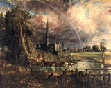 Salisbury Cathedral from the Meadows by Constable: a rainbow over the cathedral spire in a storm, a cart crossing a river