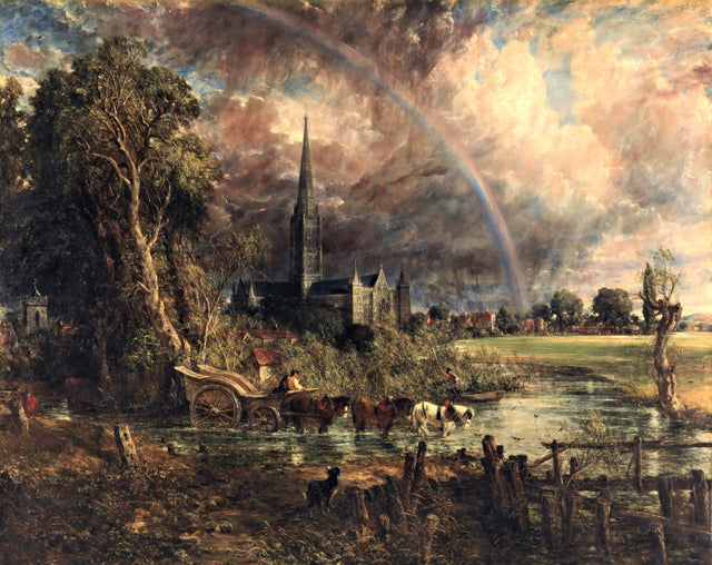 Salisbury Cathedral from the Meadows by Constable: a rainbow over the cathedral spire in a storm, a cart crossing a river