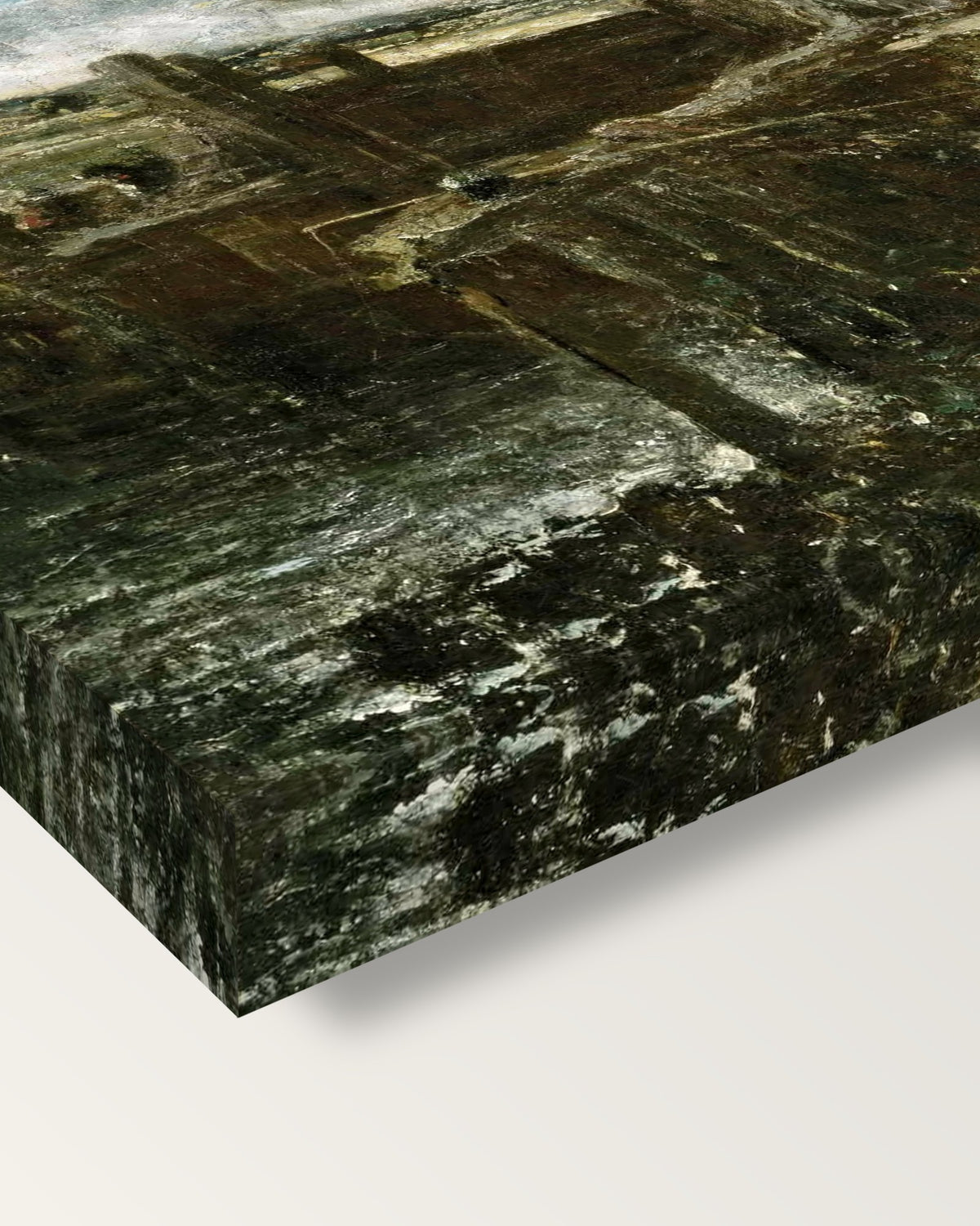 A Boat Passing a Lock by John Constable on stretched canvas, corner close-up: the painting mirror-wrapped round the sides