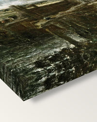 A Boat Passing a Lock by John Constable on stretched canvas, corner close-up: the painting mirror-wrapped round the sides