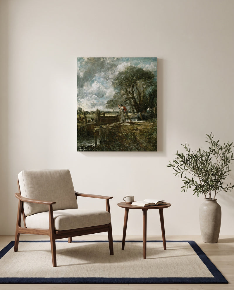 A Boat Passing a Lock by John Constable as a stretched canvas above a linen lounge chair in a reading corner