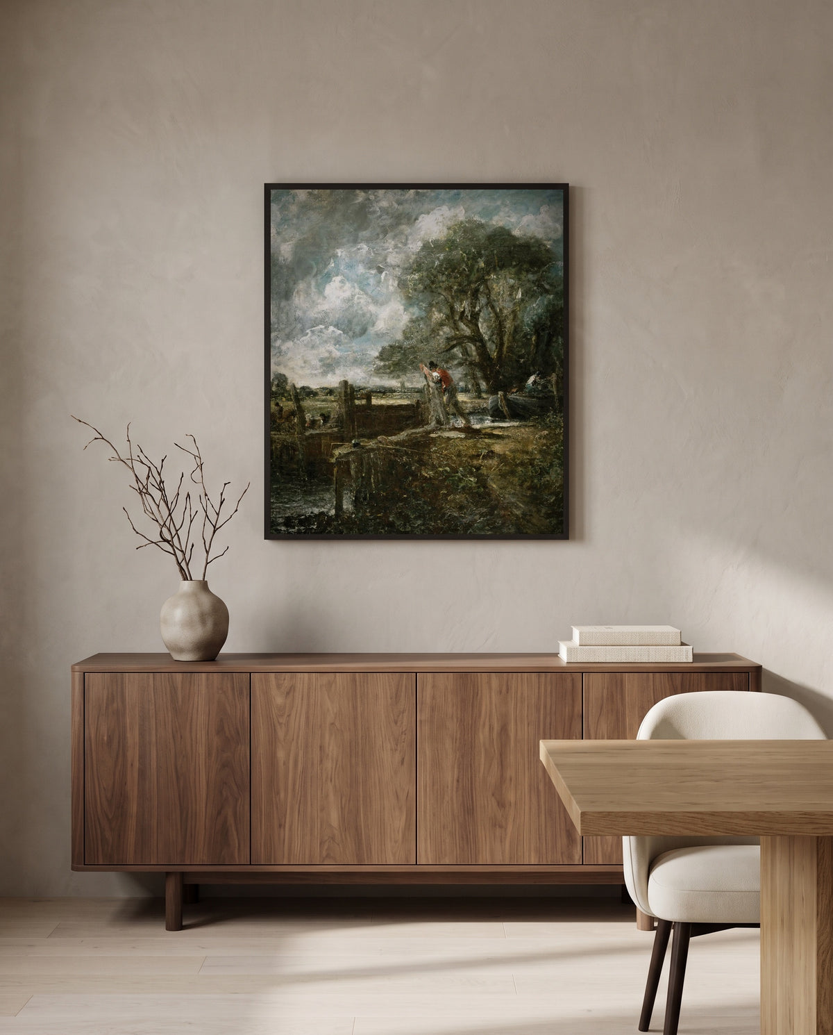 A Boat Passing a Lock by John Constable in a black frame above a walnut sideboard in a dining room