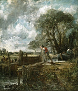 Sketch for A Boat Passing a Lock by Constable: a man works a wooden lock under storm clouds, a tall tree, a barge at right