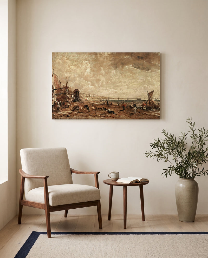 Marine Parade, Brighton by John Constable as a stretched canvas above a linen lounge chair in a reading corner