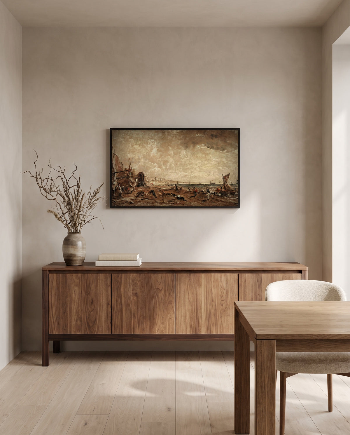 Marine Parade, Brighton by John Constable in a black frame above a walnut sideboard in a dining room