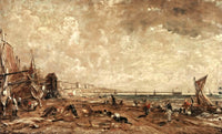 Sketch for The Marine Parade, Brighton by Constable: boats on a brown beach under a wide cloudy sky, the town along the shore