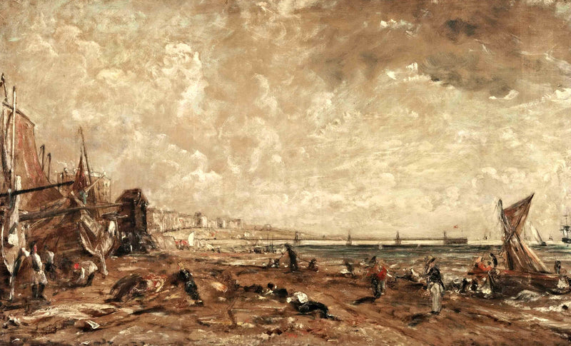 Sketch for The Marine Parade, Brighton by Constable: boats on a brown beach under a wide cloudy sky, the town along the shore