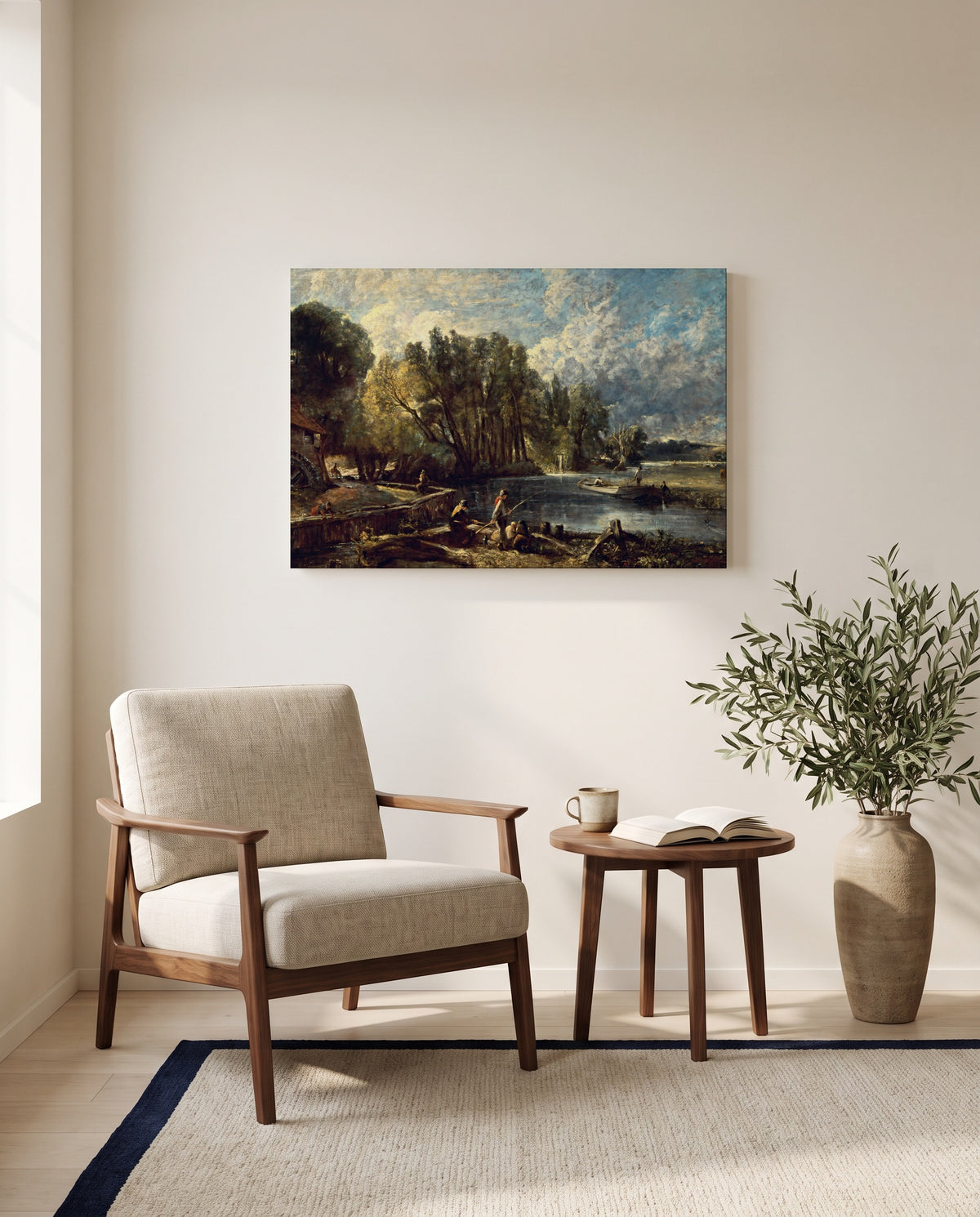 Stratford Mill by John Constable as a stretched canvas above a linen lounge chair in a reading corner