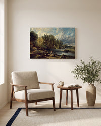 Stratford Mill by John Constable as a stretched canvas above a linen lounge chair in a reading corner