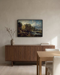 Stratford Mill by John Constable in a black frame above a walnut sideboard in a dining room