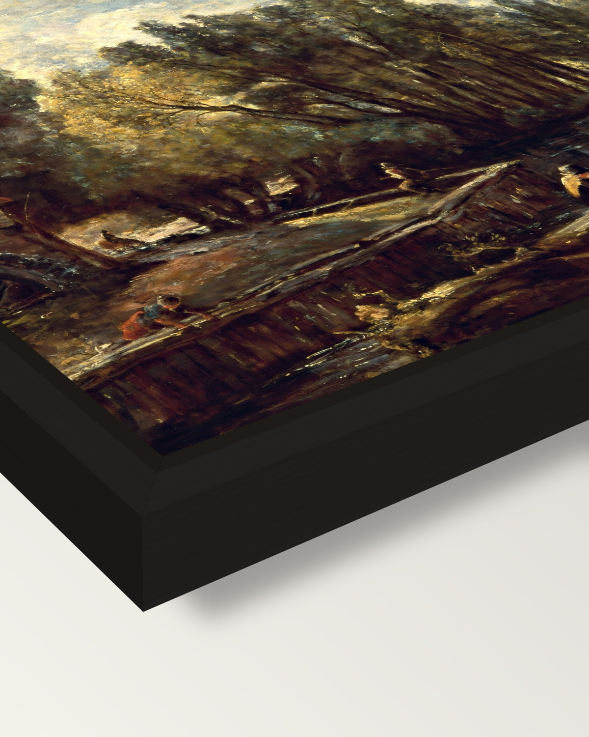 Stratford Mill by John Constable framed canvas, corner close-up: a black floating frame with a shadow gap round the canvas