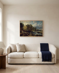 Stratford Mill by John Constable framed in natural oak above a cream sofa in a warm living room