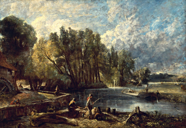 Stratford Mill by Constable: children fishing on a riverbank beside tall trees and a mill, a barge and meadows beyond