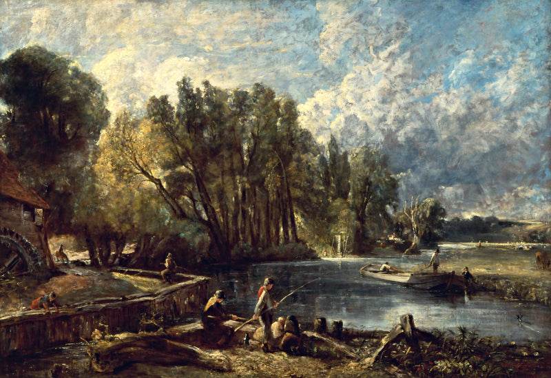 Stratford Mill by Constable: children fishing on a riverbank beside tall trees and a mill, a barge and meadows beyond