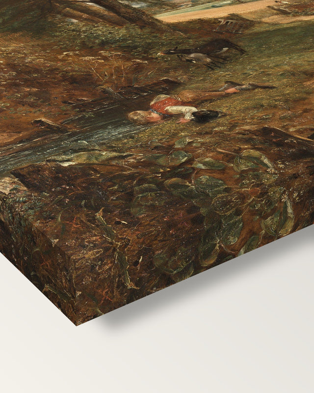 The Cornfield by John Constable on stretched canvas, corner close-up: the painting mirror-wrapped round the sides