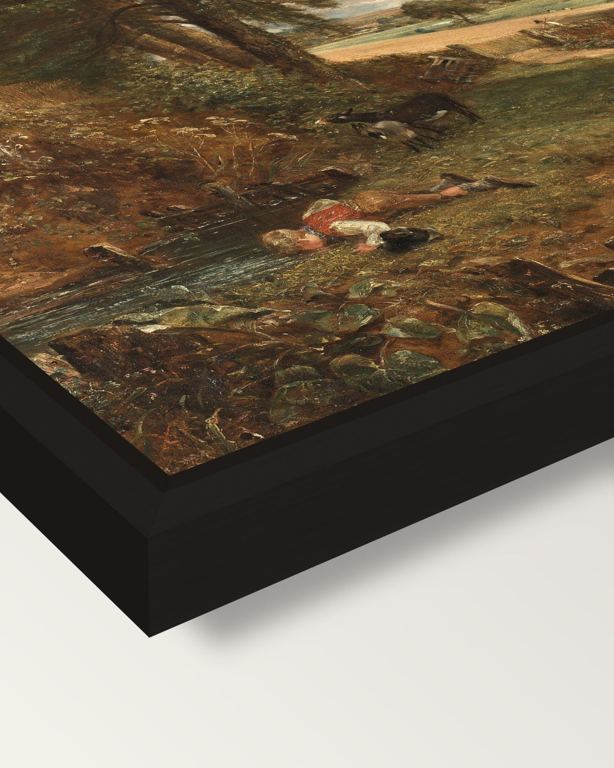 The Cornfield by John Constable framed canvas, corner close-up: a black floating frame with a shadow gap round the canvas