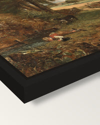 The Cornfield by John Constable framed canvas, corner close-up: a black floating frame with a shadow gap round the canvas