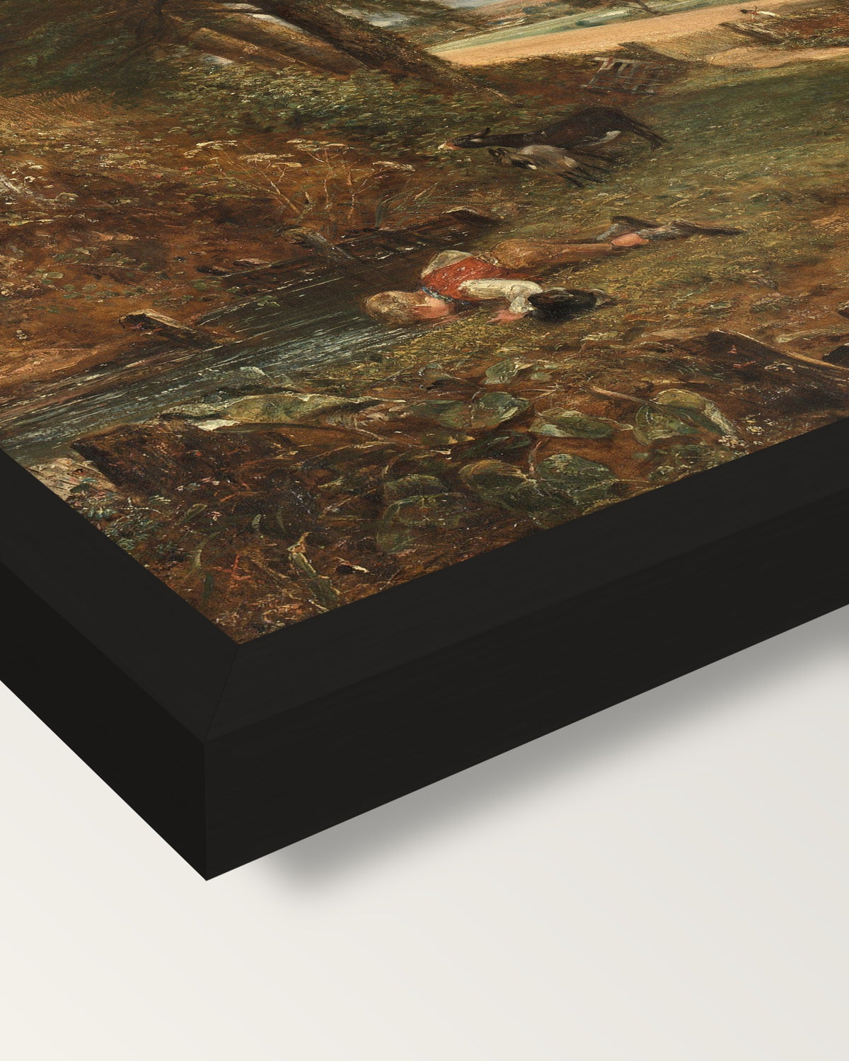The Cornfield by John Constable framed print, corner close-up: black moulding, mitred, the print set just below its edge
