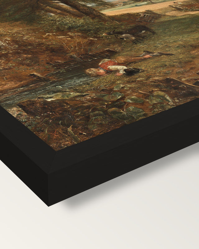 The Cornfield by John Constable framed print, corner close-up: black moulding, mitred, the print set just below its edge