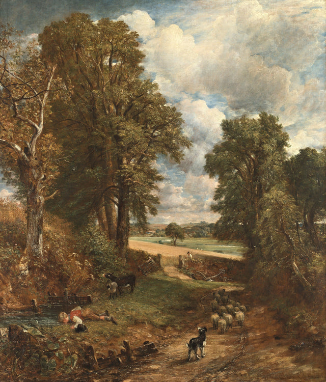 The Cornfield by Constable: a shady lane with tall trees, a boy drinking from a stream, sheep, a golden field beyond