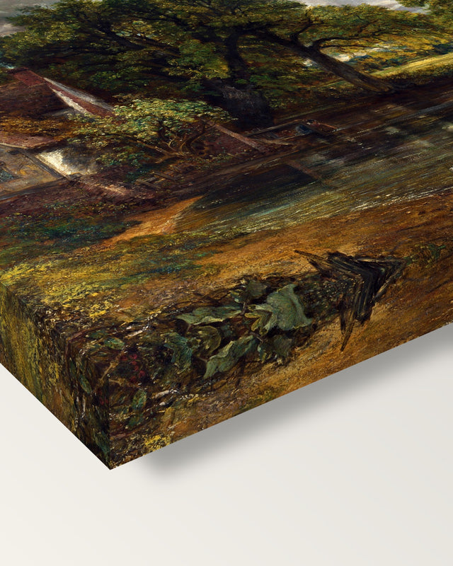 The Hay Wain by John Constable on stretched canvas, corner close-up: the painting mirror-wrapped round the sides