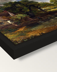 The Hay Wain by John Constable framed canvas, corner close-up: a black floating frame with a shadow gap round the canvas