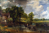 The Hay Wain by Constable: a horse-drawn hay cart in a shallow river beside a cottage, trees and big white clouds
