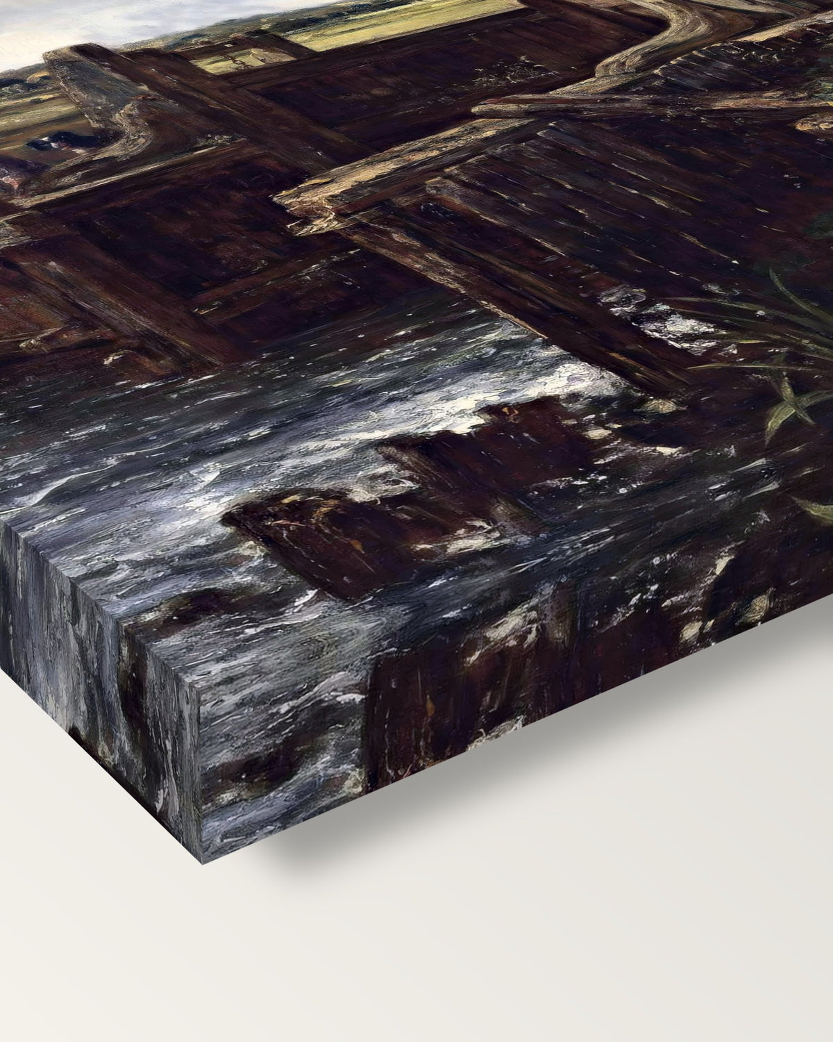 The Lock by John Constable on stretched canvas, corner close-up: the painting mirror-wrapped round the sides
