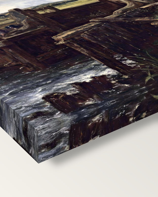 The Lock by John Constable on stretched canvas, corner close-up: the painting mirror-wrapped round the sides