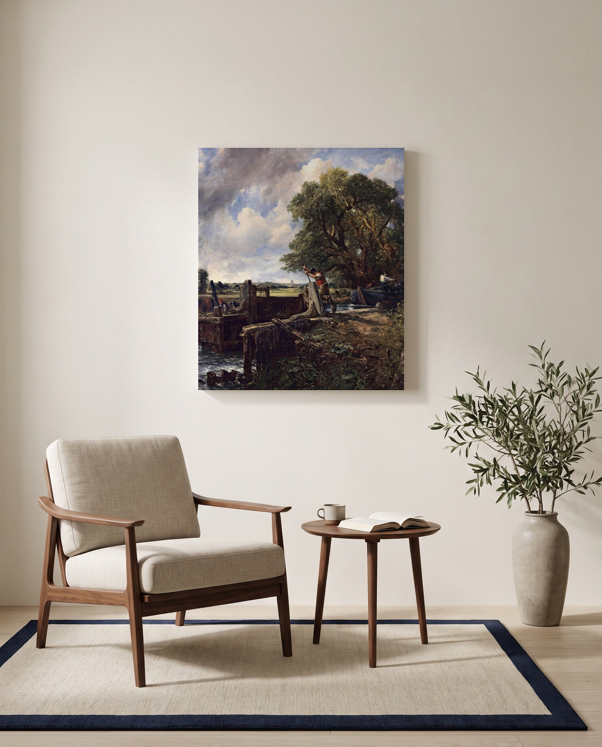The Lock by John Constable as a stretched canvas above a linen lounge chair in a reading corner