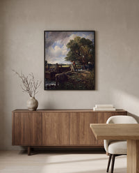 The Lock by John Constable in a black frame above a walnut sideboard in a dining room