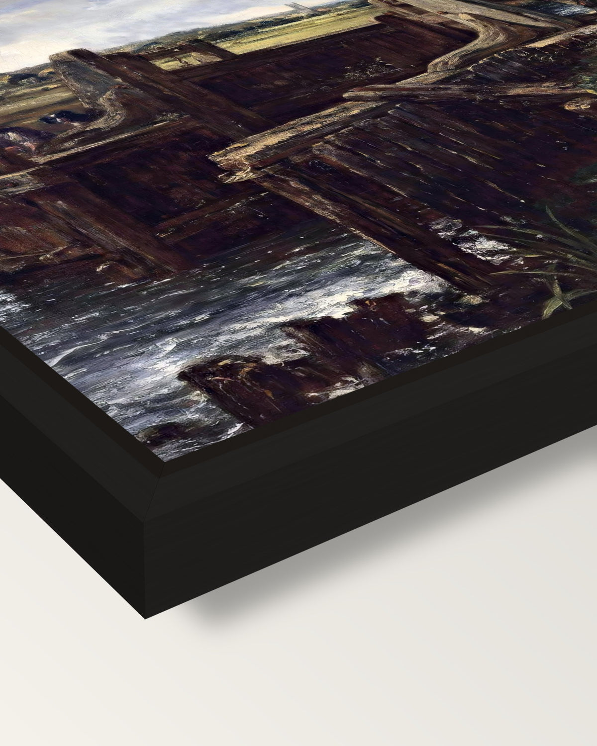 The Lock by John Constable framed canvas, corner close-up: a black floating frame with a shadow gap round the canvas