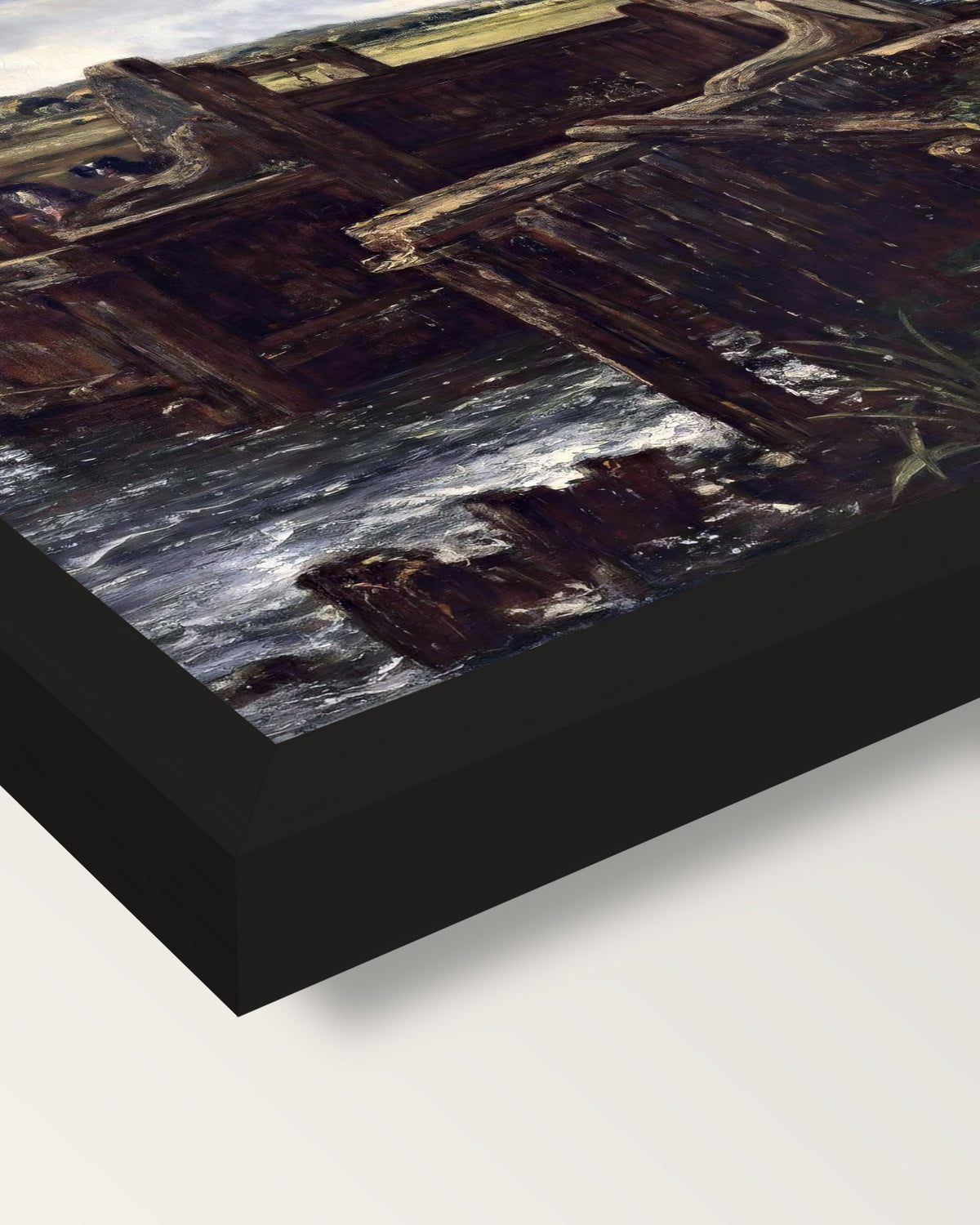 The Lock by John Constable framed print, corner close-up: black moulding, mitred, the print set just below its edge