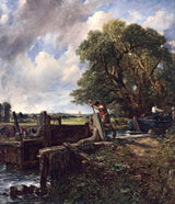 The Lock by Constable: a man leans on a wooden lock gate as water rushes through, a tall tree and cloudy sky above