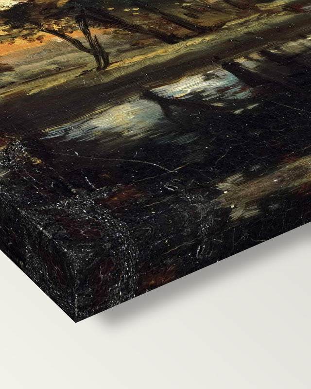 The Stour by John Constable on stretched canvas, corner close-up: the painting mirror-wrapped round the sides