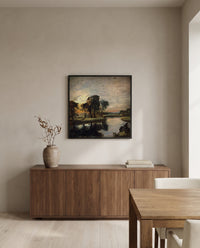 The Stour by John Constable in a black frame above a walnut sideboard in a dining room