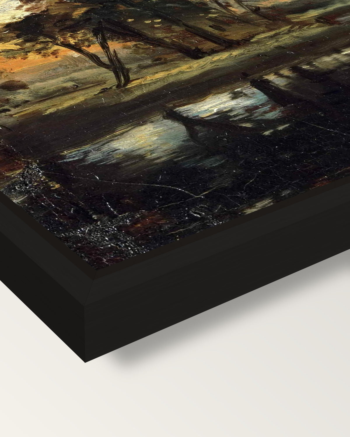 The Stour by John Constable framed canvas, corner close-up: a black floating frame with a shadow gap round the canvas