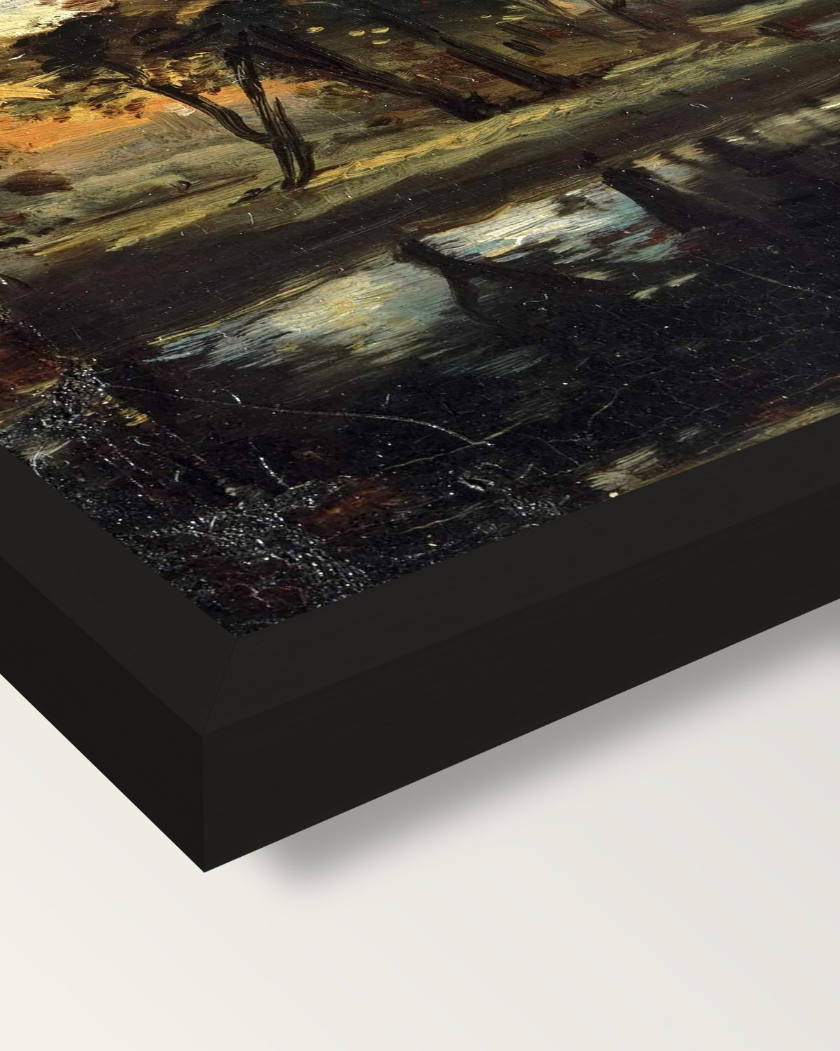 The Stour by John Constable framed print, corner close-up: black moulding, mitred, the print set just below its edge