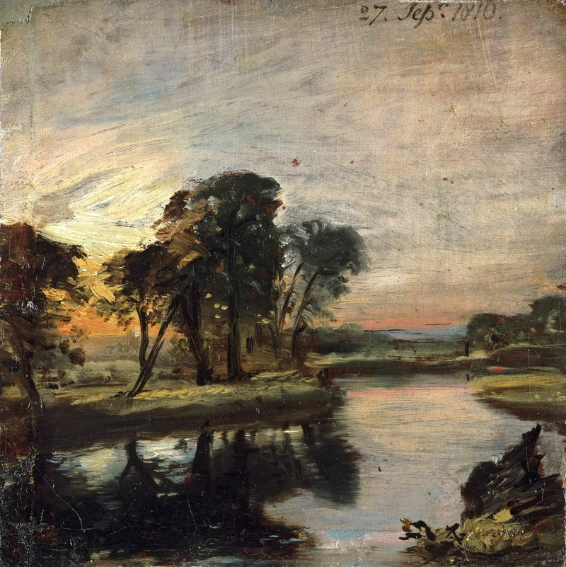 The Stour by Constable: dark trees against a glowing sunset sky over a river, the trees reflected in dark water