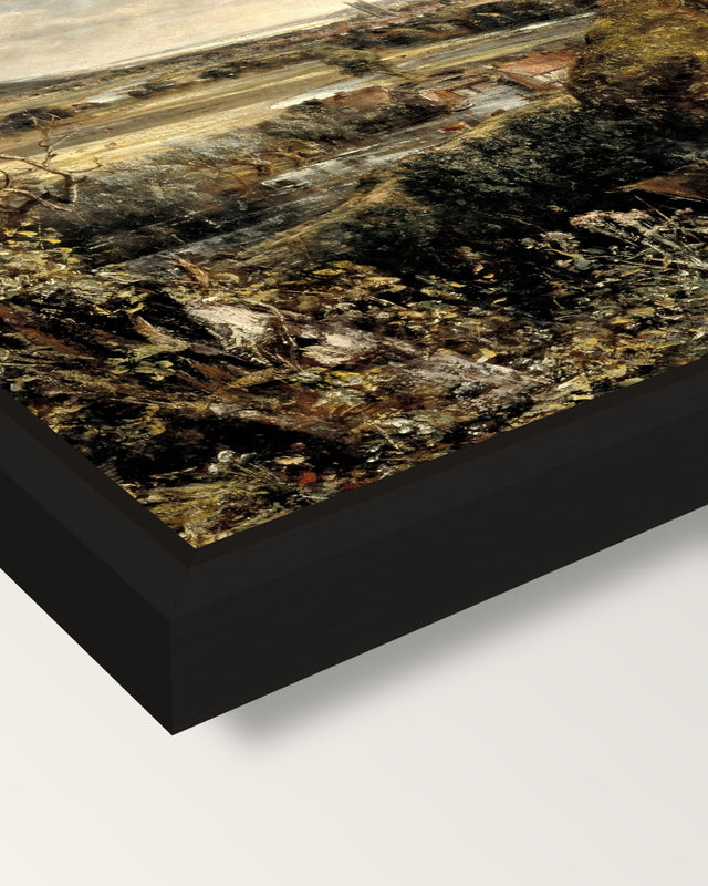 The Vale of Dedham by Constable framed canvas, corner close-up: a black floating frame with a shadow gap round the canvas